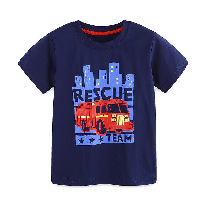 Summer Boys’ Fire Truck Cartoon Pattern T-shirt in European and American Style, MyKids-USA®, Baby & Toddler Tops, MyKids-USA - Size/Age - 90 (12-24M) - Color - Blue -  -  - TR2505112014