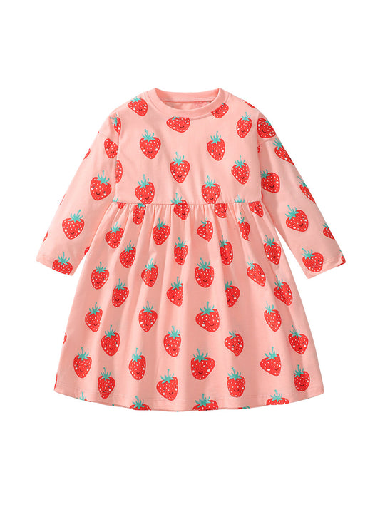 Arrival Autumn Girls Long Sleeves Cartoon Strawberry Fruits Pattern Crew Neck Dress, MyKids-USA®, Baby & Toddler Dresses, MyKids-USA - Size/Age - 90 (12-24M) - Color - Pink -  -  - TR2407102220-A