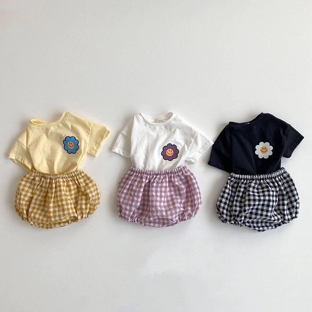 Summer Baby Kids Cartoon Flowers Pattern T-shirt and Plaid Bloomers Clothing Set, MyKids-USA®, Baby & Toddler Outfits, MyKids-USA -  -  -  -  -  -  - 