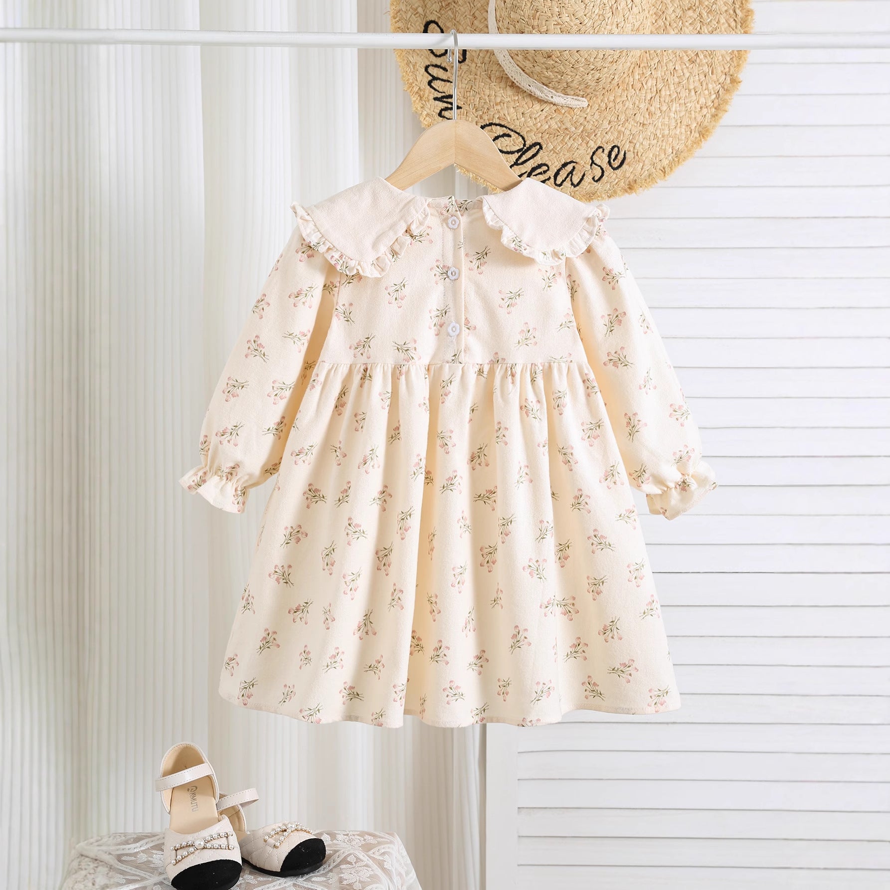 Autumn Arrival Baby Kids Girls Floral Pattern Long Sleeves Dress with Embroidered Collar, MyKids-USA®, Baby & Toddler Dresses, MyKids-USA -  -  -  -  -  -  - 