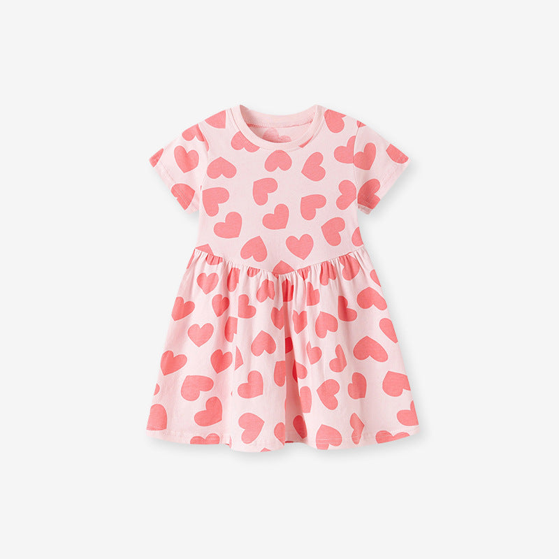 Summer Arrival Hearts Pattern Short Sleeves Dress for Stylish Girls, MyKids-USA®, Baby & Toddler Dresses, MyKids-USA - Size/Age - 100 (2-3Y) - Color - Pink -  -  - TR2601291640-A.