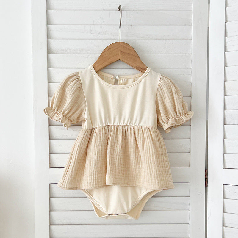 Summer Girls Apricot Patchwork Crew Neck Short Sleeves Onesies And Girls’ Dress – Simple Sister Matching Set, MyKids-USA®, Baby & Toddler Outfits, MyKids-USA - Size/Age - 66 (3-6M) - Color - Beige -  -  - TR2405281631-B