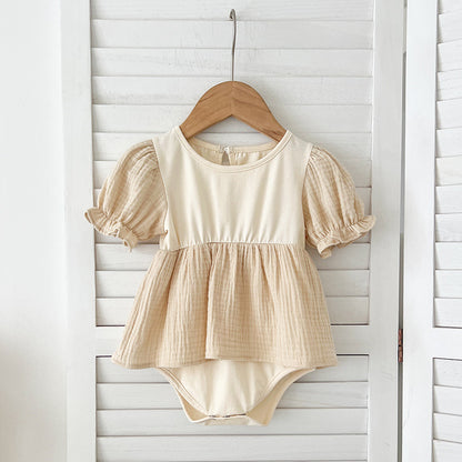 Summer Girls Apricot Patchwork Crew Neck Short Sleeves Onesies And Girls’ Dress – Simple Sister Matching Set, MyKids-USA®, Baby & Toddler Outfits, MyKids-USA - Size/Age - 66 (3-6M) - Color - Beige -  -  - TR2405281631-B