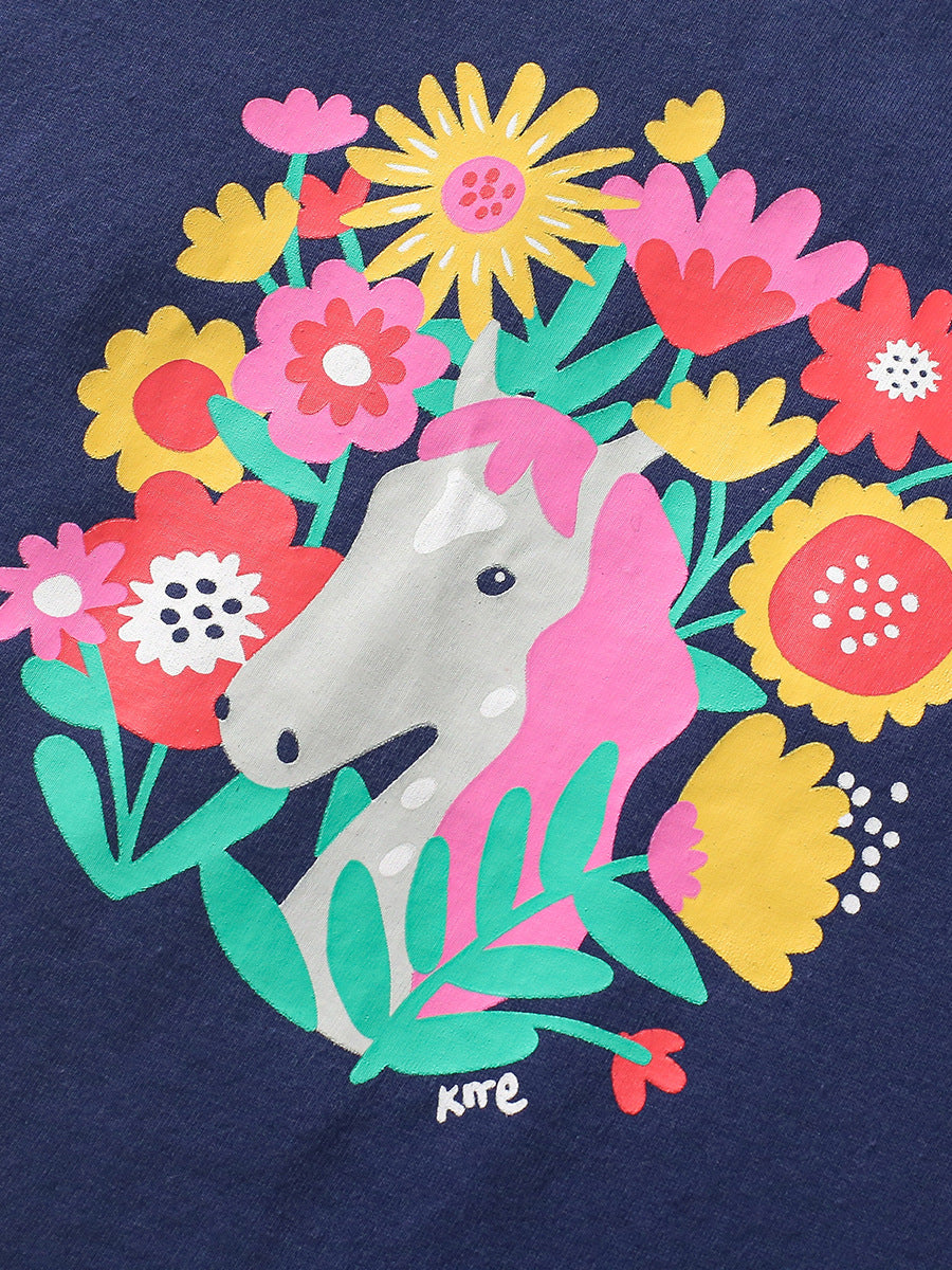 Crew Neck Floral Horse Cartoon Girls’ T-Shirt In European And American Style For Summer