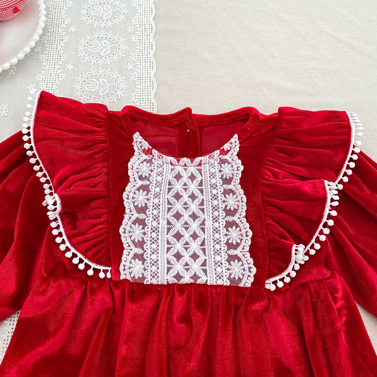 MyKids-USA® Baby Girls Lace Trim Long-sleeved Red Onesies or Dress – Princess Sister Matching