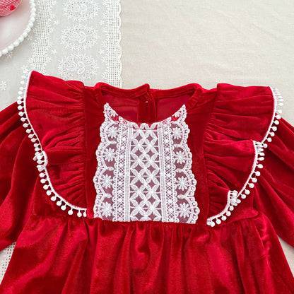 MyKids-USA® Baby Girls Lace Trim Long-sleeved Red Onesies or Dress – Princess Sister Matching