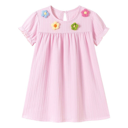 Summer Arrival Flowers Pattern Short Sleeves Striped Dress for Stylish Girls