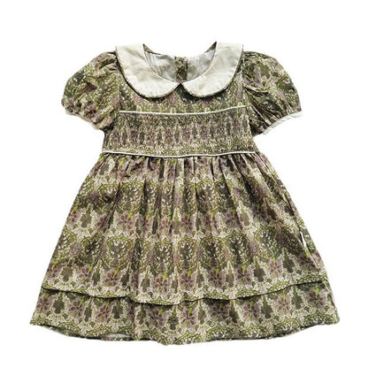 New Design Summer Kids Girls Vintage Floral Print Short Sleeves Peter Pan Collar Dress