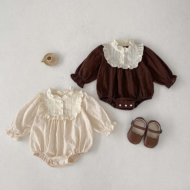 Spring/Autumn Baby Girls Simple Long Sleeves Ruffle Neck Floral Embroidery Hollow Out Onesies, MyKids-USA®, Baby One-Pieces, MyKids-USA -  -  -  -  -  -  - 