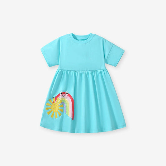 Summer Pure Cotton Cartoon Rainbow Pattern Short Sleeves Dress for Stylish Girls, MyKids-USA®, Baby & Toddler Dresses, MyKids-USA - Size/Age - 90 (12-24M) - Color - Blue -  -  - TR2503022314-A