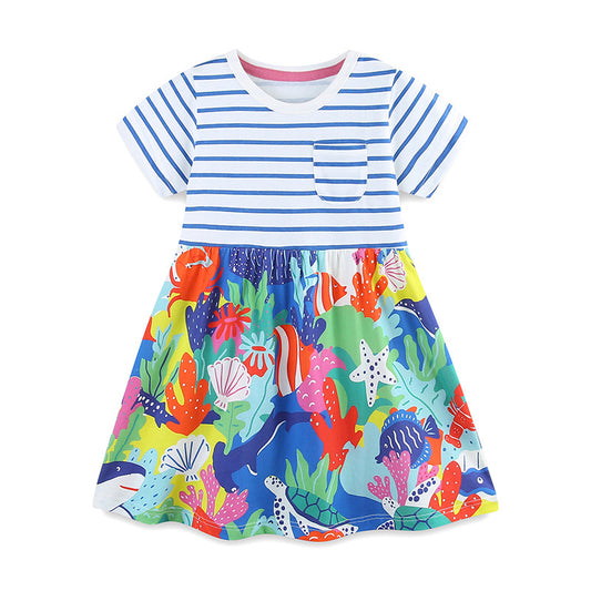 Summer Pure Cotton Cartoon Jungle Floral Pattern Short Sleeves Dress for Stylish Girls, MyKids-USA®, Baby & Toddler Dresses, MyKids-USA - Size/Age - 90 (12-24M) - Color - Blue -  -  - TR2501232241-A