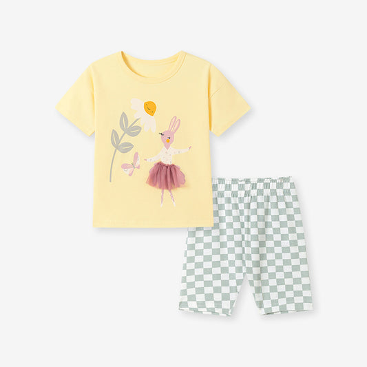Summer Hot Selling Baby Kids Girls Short Sleeves Cartoon Pattern T-shirt and Plaid Shorts Clothing Set