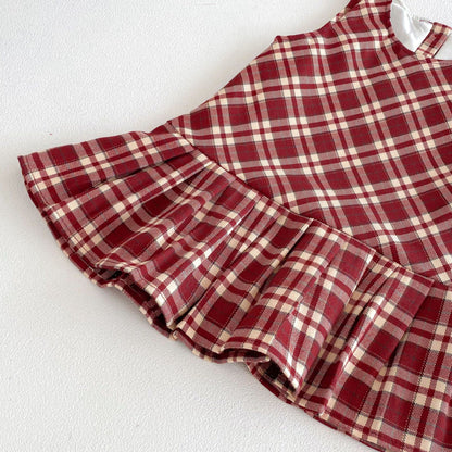 Spring Arrival Baby Kids Girls Cute Argyle and Plaid Pattern Sleeveless Dress with Hat