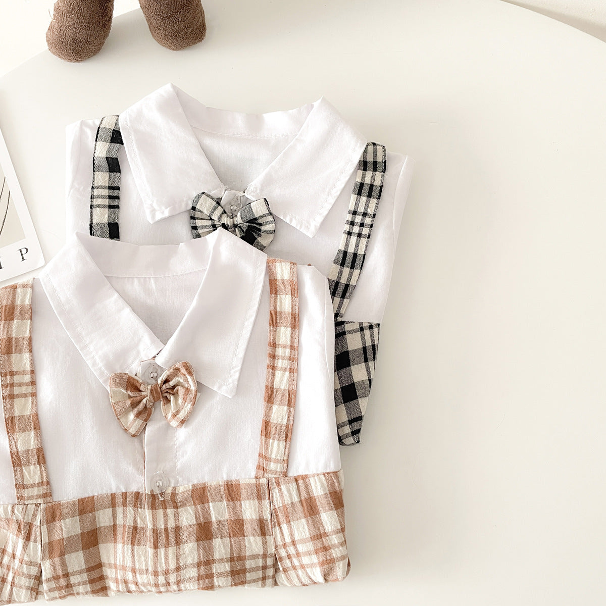Baby Boy Plaid Pattern Polo-Neck Rompers