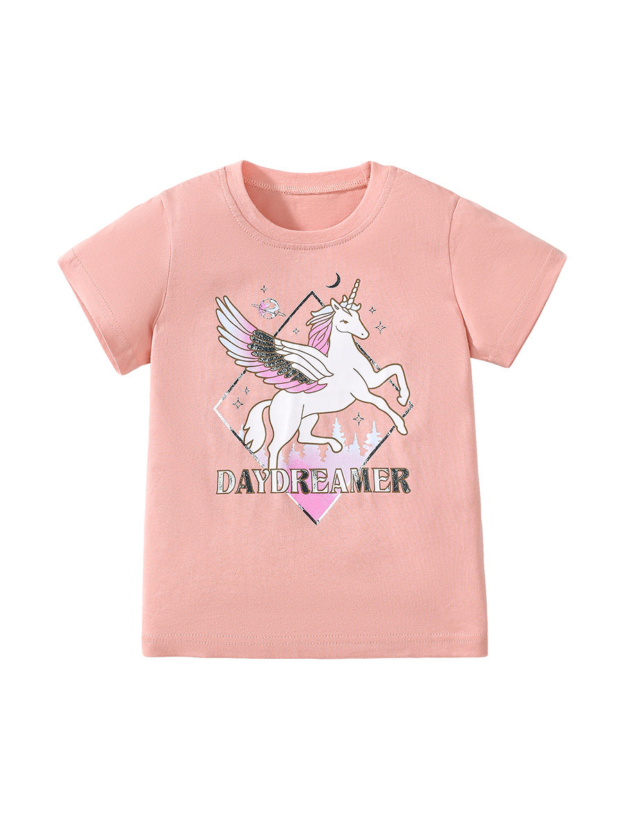 Girls’ Unicorn Print T-Shirt In European And American Style For Summer