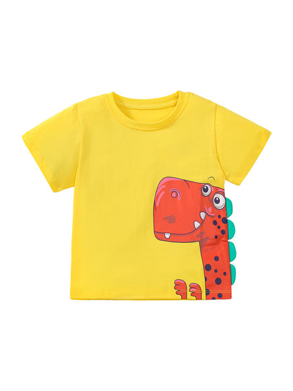 Red Dinosaur Cartoon Boys’ T-Shirt In European And American Style For Summer