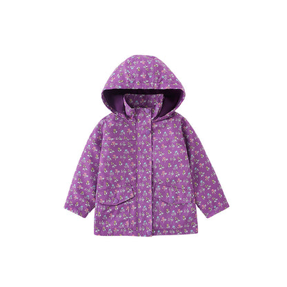 European And American Style Girls’ Outerwear: Hooded Zip-Up Floral Coat With Long Sleeves For Children