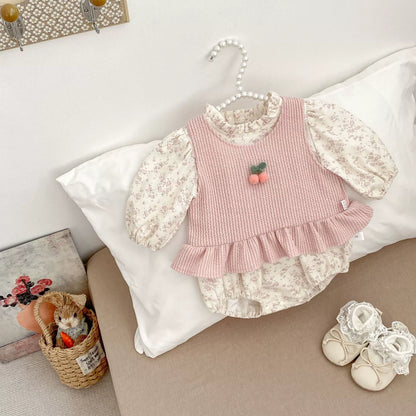 Spring and Autumn Baby Kids Girls Cherry Decorated Sleeveless Vest and Floral Long Sleeves Onesies Clothing Set, MyKids-USA®, Baby & Toddler Outfits, MyKids-USA -  -  -  -  -  -  - 
