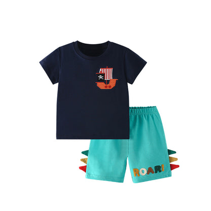 Summer Baby Kids Pirate Cartoon Pattern T-shirt and Shorts Clothing Set for Boys, MyKids-USA®, Baby & Toddler Outfits, MyKids-USA - Size/Age - 100 (2-3Y) - Color - Blue -  -  - TR2506161716-A