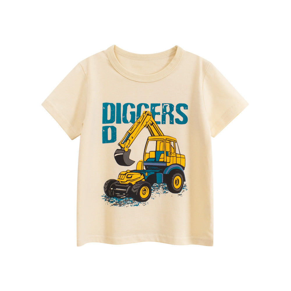 Summer Boys’ Digger Cartoon and Letters Pattern T-shirt in European and American Style, MyKids-USA®, Baby & Toddler Tops, MyKids-USA - Size/Age - 90 (12-24M) - Color - Beige -  -  - TR2506191705-A