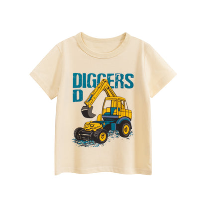 Summer Boys’ Digger Cartoon and Letters Pattern T-shirt in European and American Style, MyKids-USA®, Baby & Toddler Tops, MyKids-USA - Size/Age - 90 (12-24M) - Color - Beige -  -  - TR2506191705-A