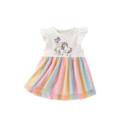 Summer Arrival Animals and Flowers Cartoon Pattern Fly Sleeves Tulle Patchwork Dress for Stylish Girls, MyKids-USA®, Baby & Toddler Dresses, MyKids-USA - Size/Age - 100 (2-3Y) - Color - Pink -  -  - TR2505261739-A