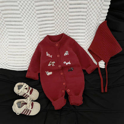 Autumn and Winter Arrival Baby Kids Unisex Puppy Cartoon Embroidery Pattern Long Sleeves Casual Rompers