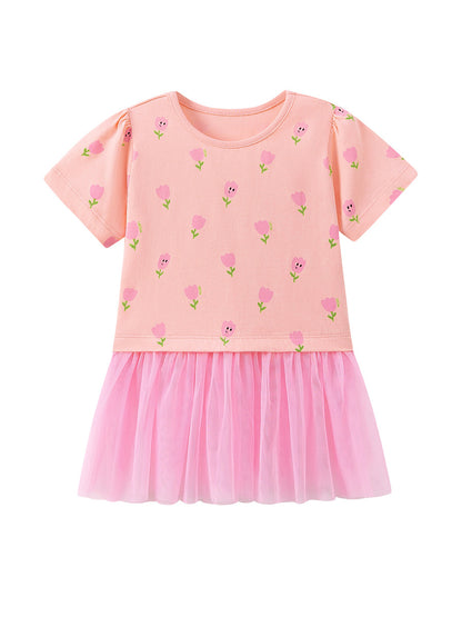 Summer Arrival Flowers Cartoon Pattern Short Sleeves Crew Neck Dress for Stylish Girls, MyKids-USA®, Baby & Children's Dresses, MyKids-USA -  -  -  -  -  -  - .