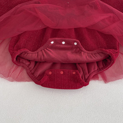 Winter Arrival Baby Girls Long Sleeves Red Solid Color Tulle Patchwork Onesies