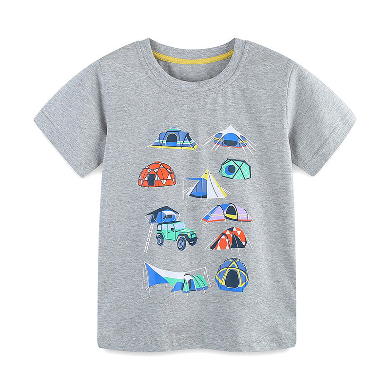 Summer Boys’ Camping Cartoon Pattern T-shirt in European and American Style, MyKids-USA®, Baby & Toddler Tops, MyKids-USA - Size/Age - 90 (12-24M) - Color - Grey -  -  - TR2505211802-A