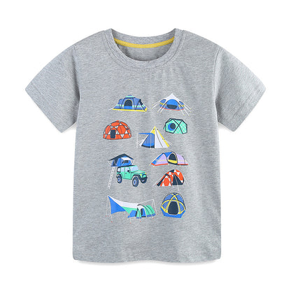 Summer Boys’ Camping Cartoon Pattern T-shirt in European and American Style, MyKids-USA®, Baby & Toddler Tops, MyKids-USA - Size/Age - 90 (12-24M) - Color - Grey -  -  - TR2505211802-A