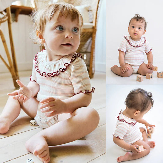 Summer Arrival Baby Girls Short Sleeves Striped Design Onesies Bodysuits, MyKids-USA®, Baby One-Pieces, MyKids-USA - Size/Age - 66 (3-6M) - Color - Apricot -  -  - TR2503181515-A