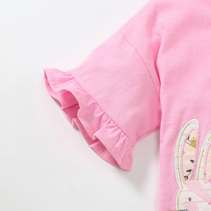Baby Girl Rabbit Cartoon Floral Ruffle Short Sleeve O-Neck Cotton Summer T-Shirt