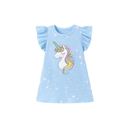 Summer Arrival Unicorns Cartoon and Stars Pattern Fly Sleeves Dress for Stylish Girls, MyKids-USA®, Baby & Toddler Dresses, MyKids-USA - Size/Age - 90 (12-24M) - Color - Blue -  -  - TR2601311201-A.
