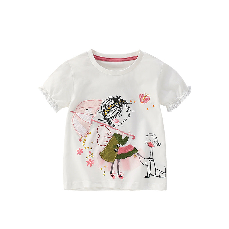 Summer Girls’ Cartoon and Flowers Pattern T-shirt in European and American Style, MyKids-USA®, Baby & Toddler Tops, MyKids-USA - Size/Age - 110 (3-5Y) - Color - White -  -  - TR2505062048-A