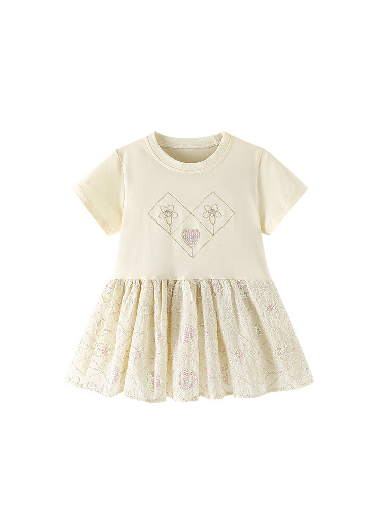 Summer Baby Kids Girls Short Sleeves Flowers Embroidery Pattern Dress