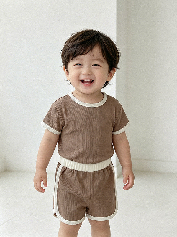 Arrival Summer Baby Kids Short Sleeves Waffle Grid T-shirt and Shorts Clothing Set