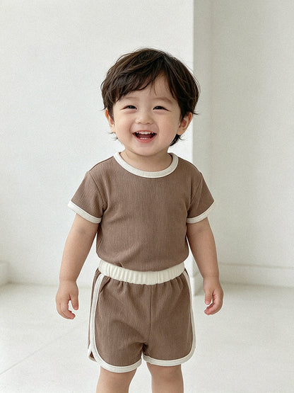 Arrival Summer Baby Kids Short Sleeves Waffle Grid T-shirt and Shorts Clothing Set