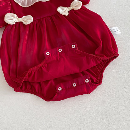 Summer New Arrival Baby Girls Short Sleeves Crew Neck Red Color White Bows Princess Onesie