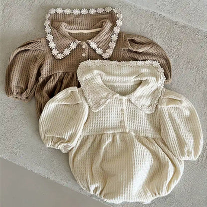 Arrival Baby Girls Long Sleeves Waffle Grid Onesie with Floral Collar, MyKids-USA®, Baby One-Pieces, MyKids-USA -  -  -  -  -  -  - 