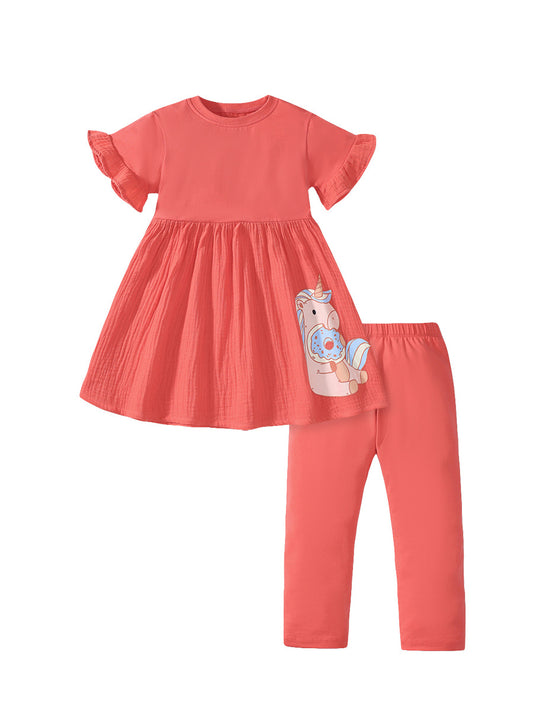Summer Baby Kids Girls Unicorn Pattern Orange Dress And Pants Clothing Set