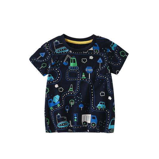 Summer Arrival Boys’ Vehicles Cartoon Pattern T-shirt in European and American Style, MyKids-USA®, Baby & Toddler Tops, MyKids-USA - Size/Age - 100 (2-3Y) - Color - Navy Blue (Dark Blue) -  -  - TR2506161659-A