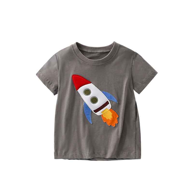 Summer Arrival Boys’ Rocket Cartoon Pattern T-shirt in European and American Style, MyKids-USA®, Baby & Toddler Tops, MyKids-USA - Size/Age - 120 (5-7Y) - Color - Grey -  -  - TR2506121627-A