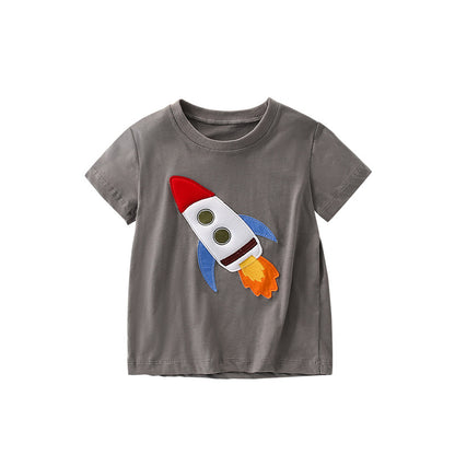 Summer Arrival Boys’ Rocket Cartoon Pattern T-shirt in European and American Style, MyKids-USA®, Baby & Toddler Tops, MyKids-USA - Size/Age - 120 (5-7Y) - Color - Grey -  -  - TR2506121627-A
