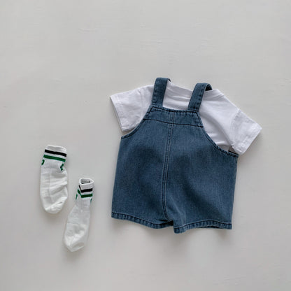 Summer Baby Kids Unisex Letter Print T-Shirt And Denim Overalls Clothing Set