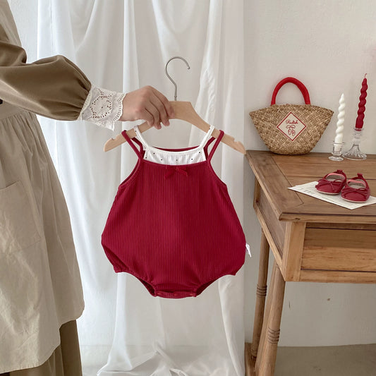 Summer Arrival Baby Girls Sleeveless Butterfly-bow Decorated Color Patchwork Onesies, MyKids-USA®, Baby One-Pieces, MyKids-USA - Size/Age - 66 (3-6M) - Color - Red -  -  - TR2506192041-A