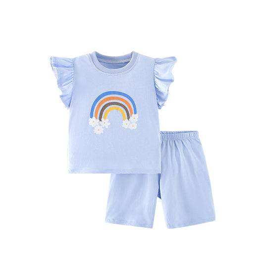 Summer Baby Kids Girls Floral Rainbow Print T-Shirt And Shorts Clothing Set, MyKids-USA®, Baby & Toddler Outfits, MyKids-USA - Size/Age - 90 (12-24M) - Color - Blue -  -  - TR2404071639-A