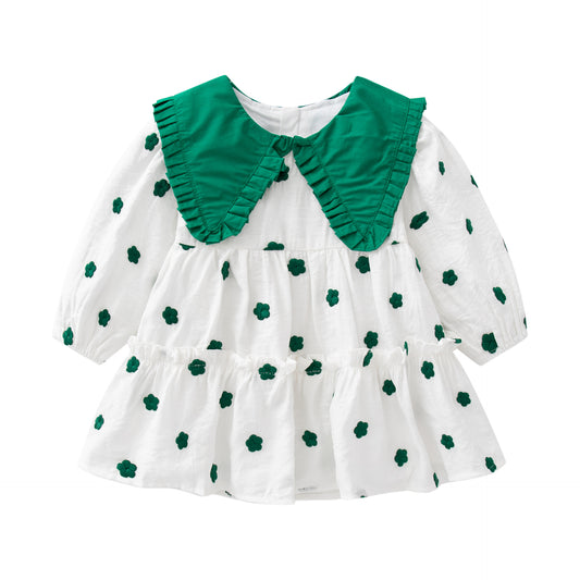 Baby Girl Polka Dot Pattern Green Doll Neck Cute Dress