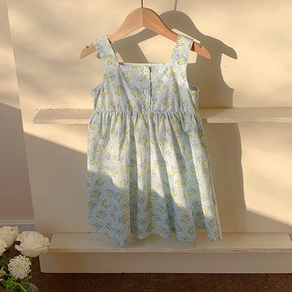Summer Arrival Flowers Pattern Sleeveless Strap Dress for Stylish Girls, MyKids-USA®, Baby & Toddler Dresses, MyKids-USA - Size/Age - 90 (12-24M) - Color - Blue -  -  - TR2503171612-A