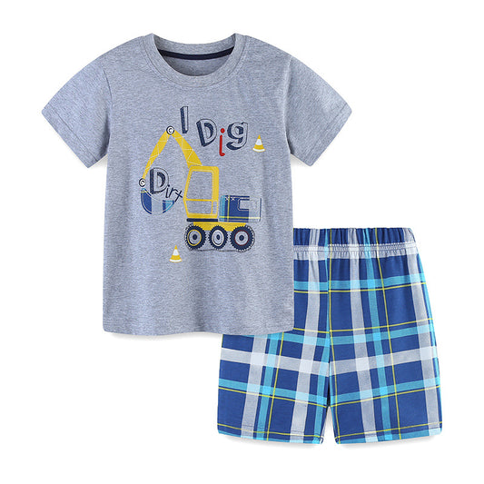 Summer Baby Kids Boys Excavator Cartoon Print T-Shirt And Plaid Shorts Clothing Set